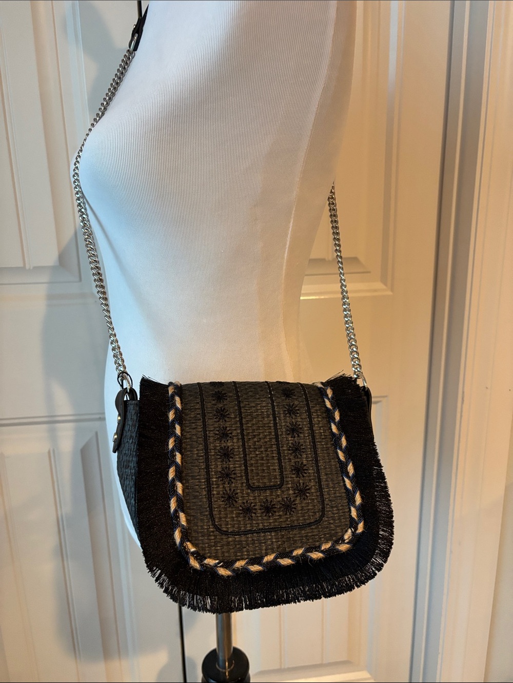 ZARA Black Fringe Crossbody Bag with Braided Trim